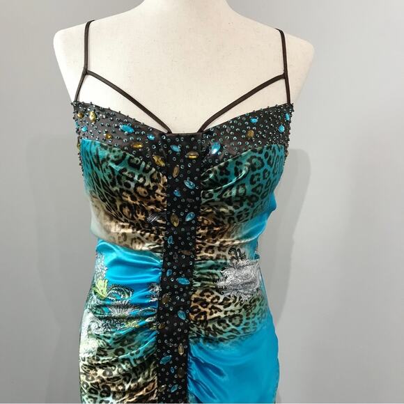 Ignite Evenings by Carol Lin Satin Gown Dress Ruched Cage Open Back Formal - Picture 4 of 16